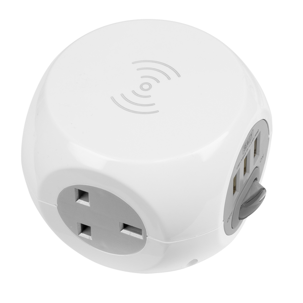 Sealey EL144WC │ 1.4m Extension Cable Cube & Wireless Charging Pad 3 x 230V & 3 x USB
