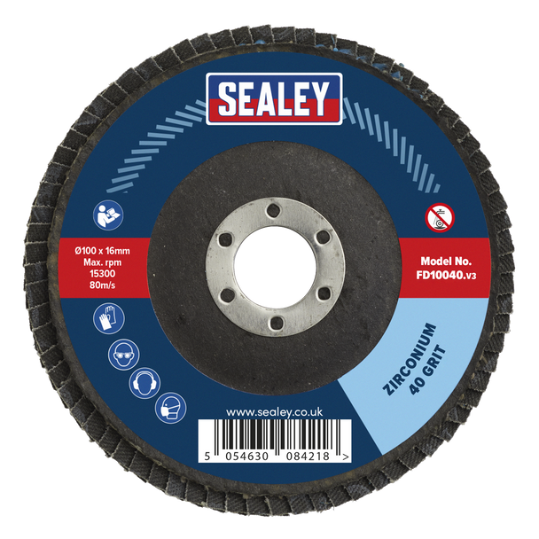 Sealey FD10040 │ 100mm Zirconium Flap Disc 40Grit 16mm Bore