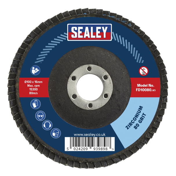 Sealey FD10080 │ 100mm Zirconium Flap Disc 80Grit 16mm Bore