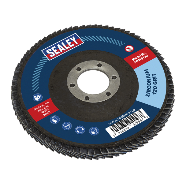 Sealey FD11512010 │ 115mm Zirconium Flap Discs 120Grit 22mm Bore - Pack of 10