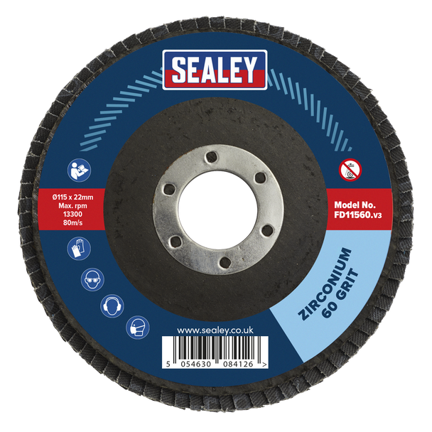 Sealey FD1156010 │ 115mm Zirconium Flap Discs 60Grit 22mm Bore - Pack of 10