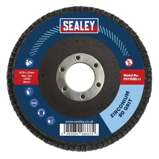 Sealey FD11580 │ 115mm Zirconium Flap Disc 80Grit 22mm Bore