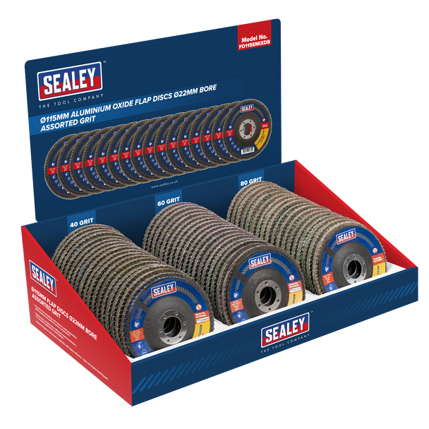 Sealey FD115EMIXDB │ 115mm Aluminium Oxide Flap Discs Assorted Grit 22mm Bore - Display Box of 60