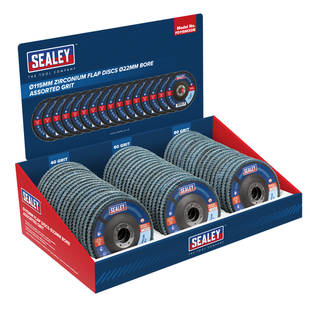 Sealey FD115MIXDB │ Assorted Grit Flap Discs Zirconium Ø115mm Ø22mm Bore - Display Box of 60