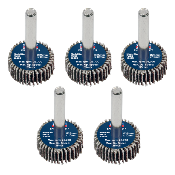 Sealey FW2510405 │25 x 10mm Abrasive Flap Wheel with 6mm Shaft 40Grit - Pack of 5
