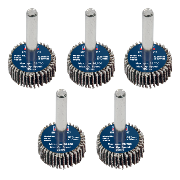 Sealey FW2510605 │ 25 x 10mm Abrasive Flap Wheel with 6mm Shaft 60Grit - Pack of 5