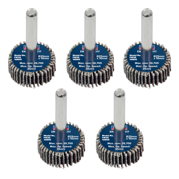 Sealey FW2510805 │25 x 10mm Abrasive Flap Wheel with 6mm Shaft 80Grit - Pack of 5