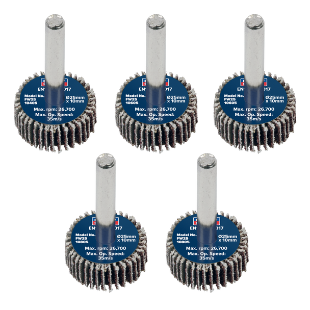 Sealey FW2510ASS │ 25 x 10mm Abrasive Flap Wheel with 6mm Shaft Assorted Grit - Pack of 5