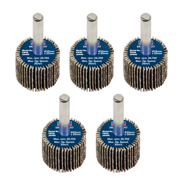Sealey FW2520405 │25 x 20mm Abrasive Flap Wheel with 6mm Shaft 40Grit - Pack of 5