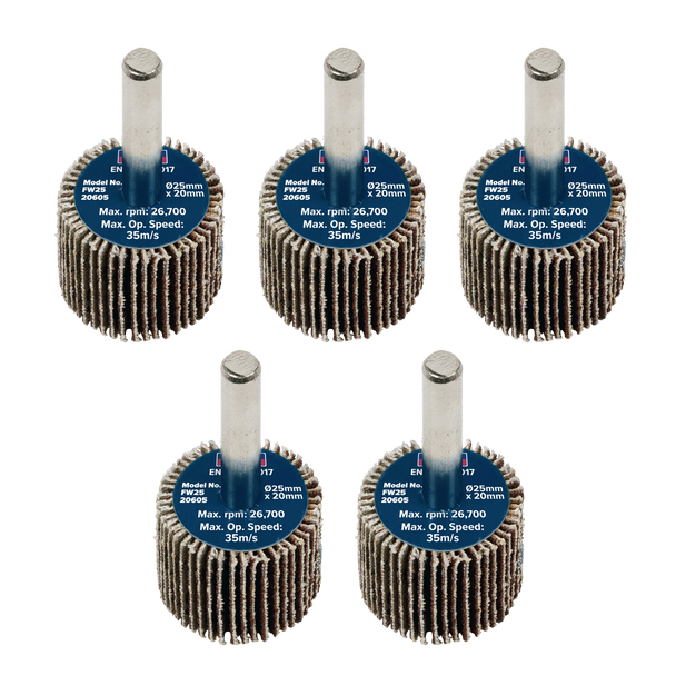 Sealey FW2520605 │25 x 20mm Abrasive Flap Wheel with 6mm Shaft 60Grit - Pack of 5