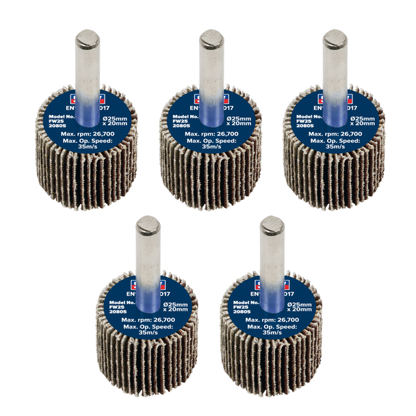 Sealey FW2520805 │25 x 20mm Abrasive Flap Wheel with 6mm Shaft 80Grit - Pack of 5