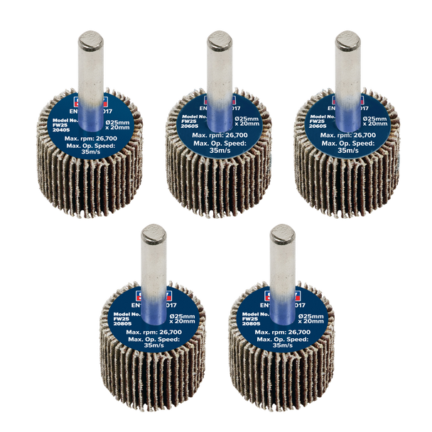 Sealey FW2520ASS │25 x 20mm Abrasive Flap Wheel with 6mm Shaft Assorted Grit - Pack of 5