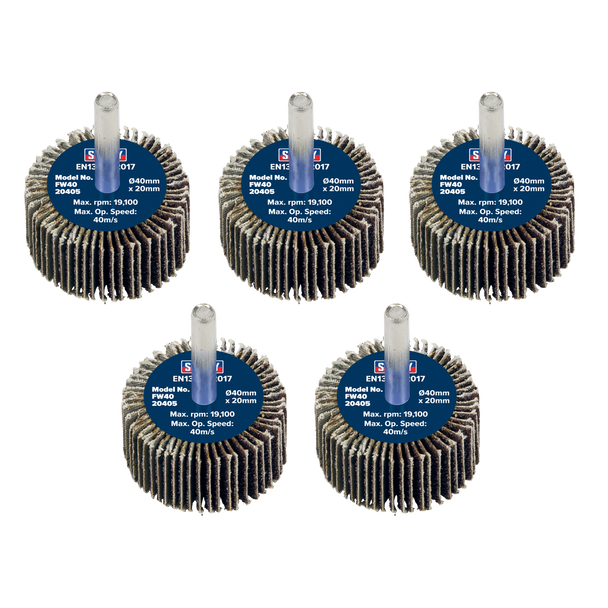 Sealey FW4020405 │40 x 20mm Abrasive Flap Wheel with 6mm Shaft 40Grit - Pack of 5