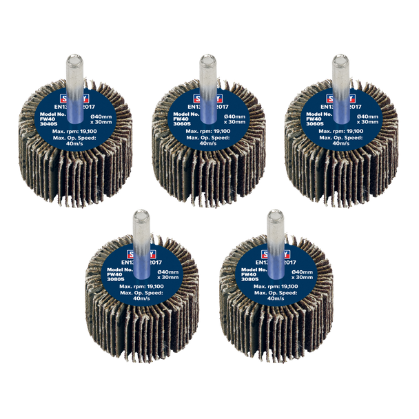 Sealey FW4030ASS │40 x 30mm Abrasive Flap Wheel with 6mm Shaft Assorted Grit - Pack of 5