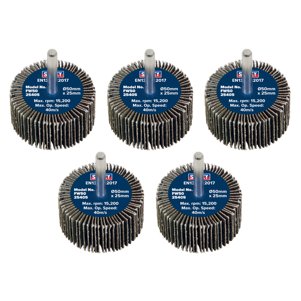 Sealey FW5025405 │50 x 25mm Abrasive Flap Wheel with 6mm Shaft 40Grit - Pack of 5