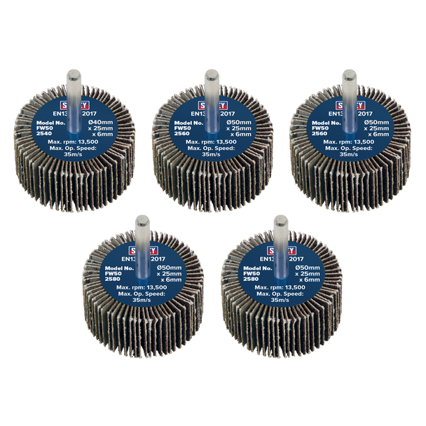 Sealey FW5025ASS │50 x 25mm Abrasive Flap Wheel with 6mm Shaft Assorted Grit - Pack of 5