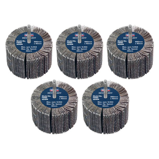 Sealey FW8040405 │80 x 40mm Abrasive Flap Wheel with 6mm Shaft 40Grit - Pack of 5