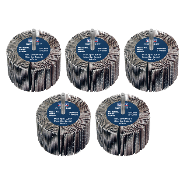 Sealey FW8040605 │80 x 40mm Abrasive Flap Wheel with 6mm Shaft 60Grit - Pack of 5