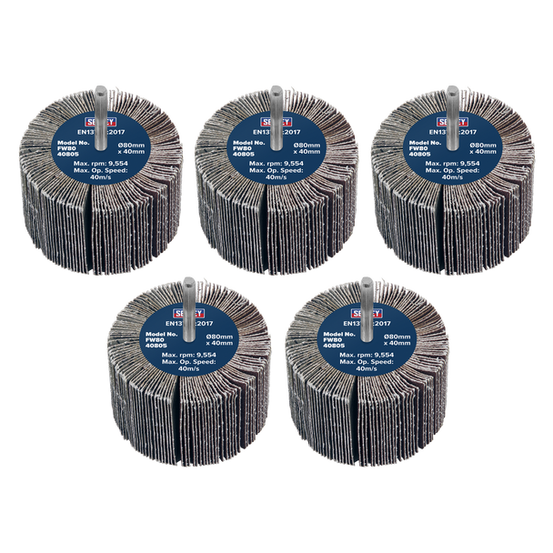 Sealey FW8040805 │ 80 x 40mm Abrasive Flap Wheel with 6mm Shaft 80Grit - Pack of 5