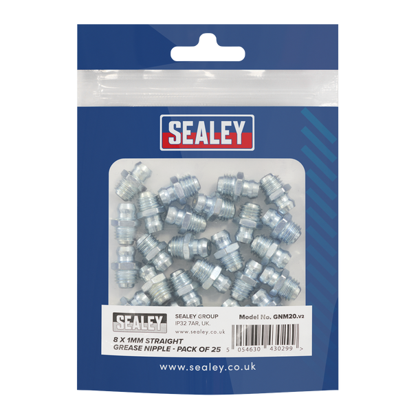 Sealey GNM20 │Straight Grease Nipple 8 x 1mm - Pack of 25