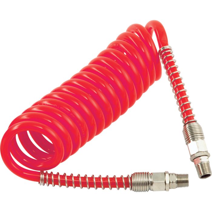 PCL HA5211 | Polyurethane Coiled Hose Assembly, Red, 5m of 6.5mm i/d Hose, Male Thread R 1/4 Swivel Ends