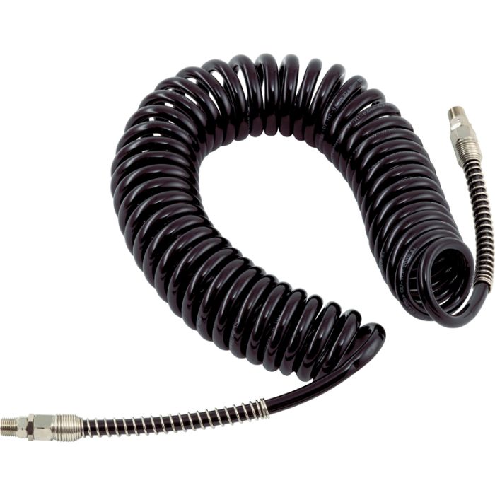 PCL HA5215 | Polyurethane Coiled Hose Assembly, Black, 7.5m of 6.5mm i/d Hose, Male Thread R 1/4 Swivel Ends