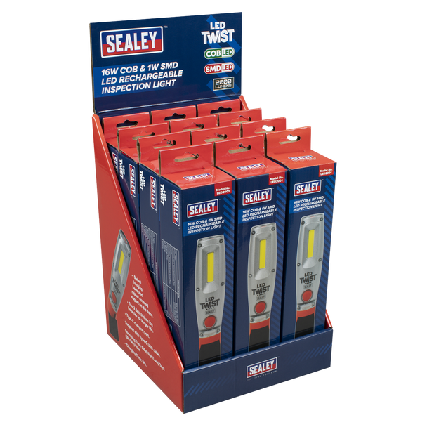 Sealey LED2001DB ⏐ LED Twist Rechargeable Inspection Light 16W COB & 1W SMD LED - Display Box of 12