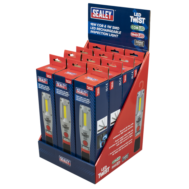 Sealey LED2001DB ⏐ LED Twist Rechargeable Inspection Light 16W COB & 1W SMD LED - Display Box of 12