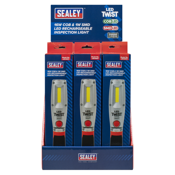 Sealey LED2001DB ⏐ LED Twist Rechargeable Inspection Light 16W COB & 1W SMD LED - Display Box of 12