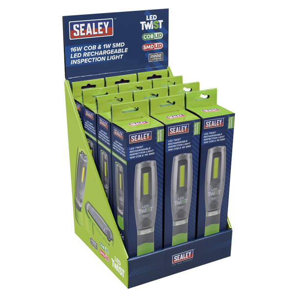 Sealey LED2001GDB ⏐ Rechargeable Inspection Light 16W COB & 1W SMD LED - Green - Display Box of 12