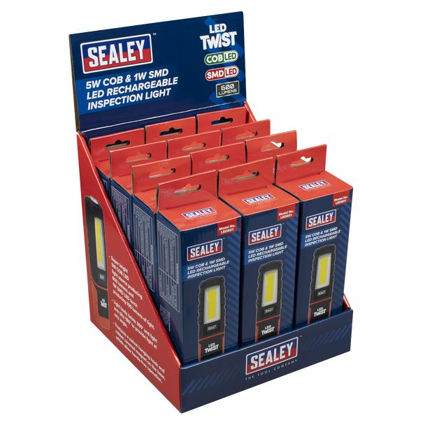 Sealey LED601DB ⏐ LED Twist Rechargeable Inspection Light 5W COB & 1W SMD - Display Box of 12