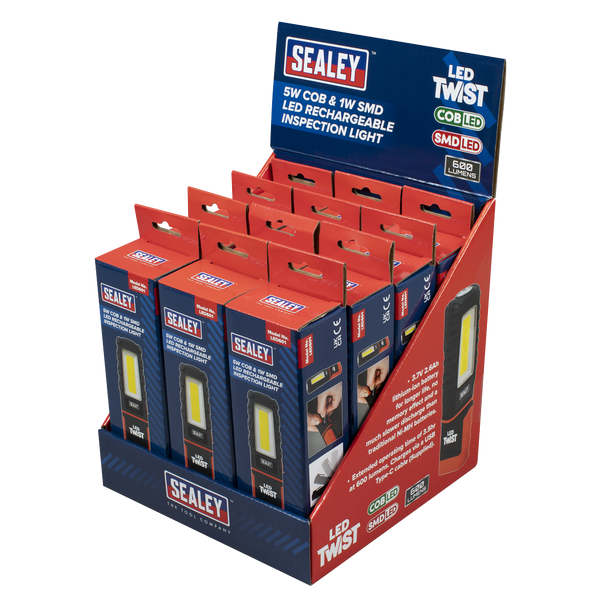 Sealey LED601DB ⏐ LED Twist Rechargeable Inspection Light 5W COB & 1W SMD - Display Box of 12