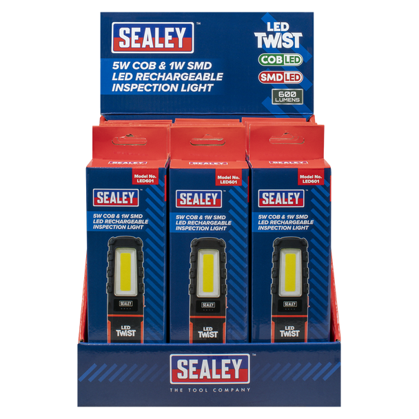 Sealey LED601DB ⏐ LED Twist Rechargeable Inspection Light 5W COB & 1W SMD - Display Box of 12