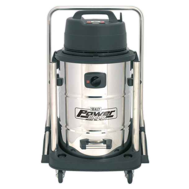 Sealey PC477 ⏐ Industrial Vacuum Cleaner Wet & Dry Stainless Steel Drum with Swivel Emptying 77L 2400W