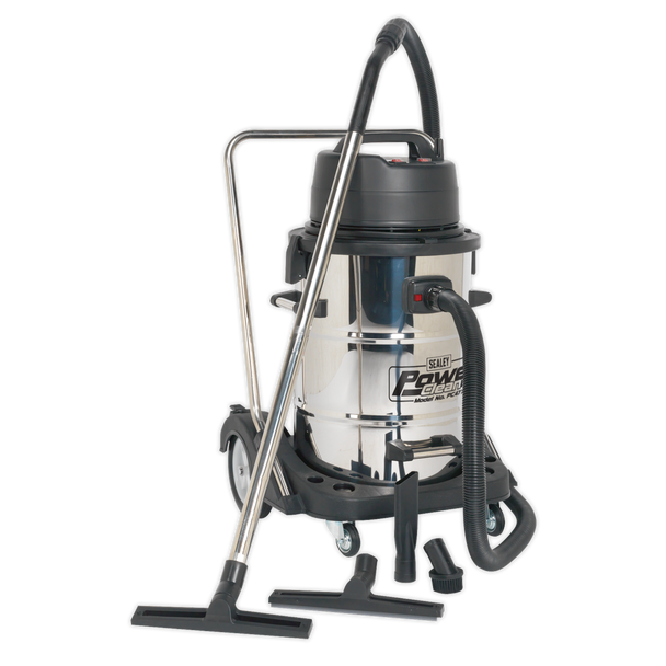 Sealey PC477 ⏐ Industrial Vacuum Cleaner Wet & Dry Stainless Steel Drum with Swivel Emptying 77L 2400W