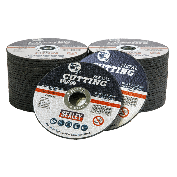 Sealey PTC/115C50 ⏐ 115 x 3mm Cutting Disc 22mm Bore - Pack of 50