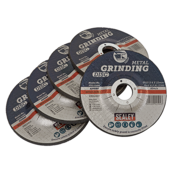 Sealey PTC/115G5 ⏐ 115 x 6mm Grinding Disc 22mm Bore - Pack of 5