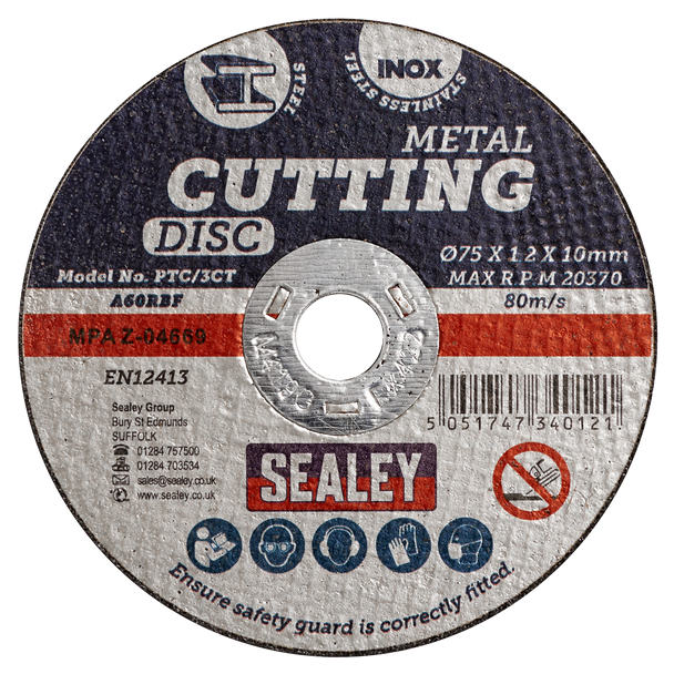 Sealey PTC/3CT10 ⏐ 75 x 1.2mm Cutting Disc 10mm Bore - Pack of 10