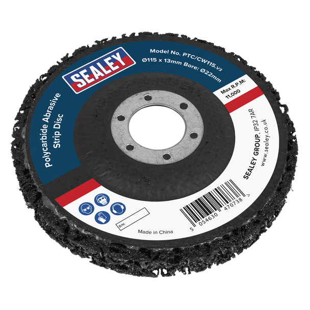 Sealey PTC/CW115DB ⏐ 115 x 13mm Black Polycarbide Abrasive Strip Disc 22mm Bore - Display Box of 10