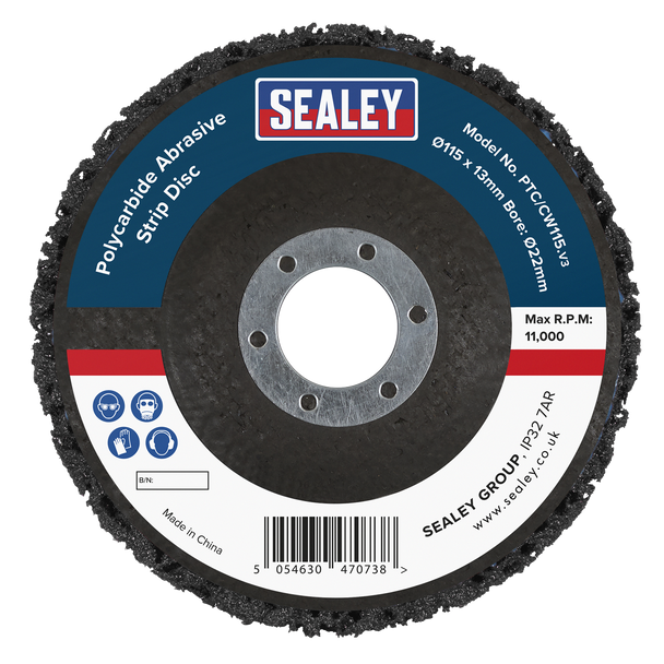 Sealey PTC/CW115DB ⏐ 115 x 13mm Black Polycarbide Abrasive Strip Disc 22mm Bore - Display Box of 10