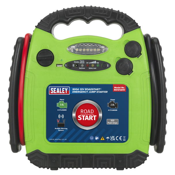 Sealey RS1312HV ⏐ RoadStart® 12V Emergency Jump Starter 900 Peak Amps - Hi-Vis Green