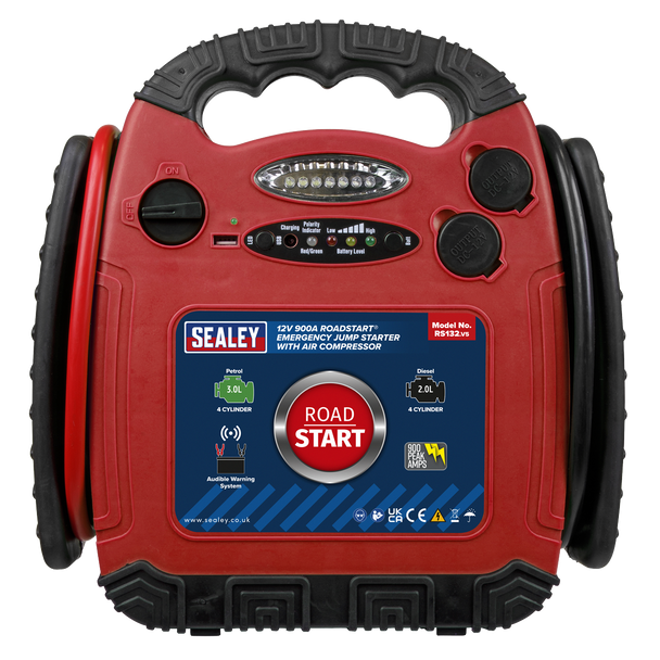 Sealey RS132 ⏐ RoadStart® 12V Emergency Jump Starter with Air Compressor 900 Peak Amps