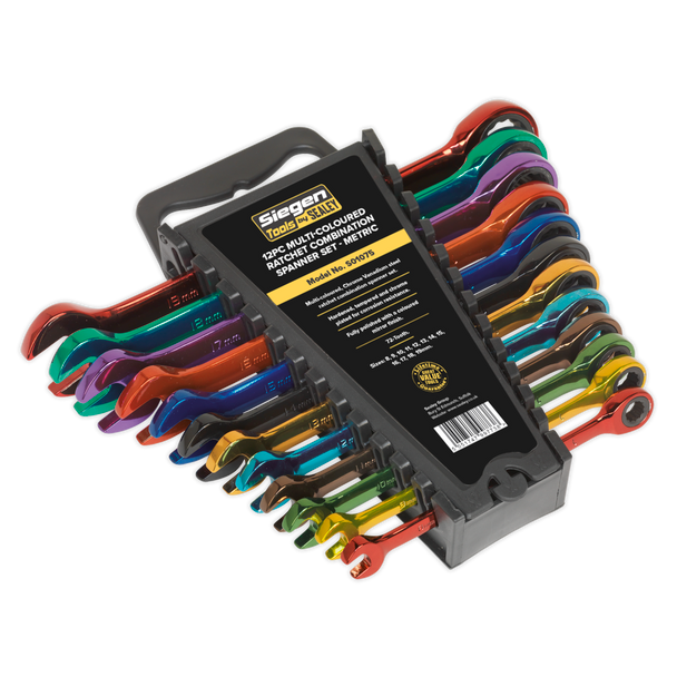 Sealey S01075 ⏐ Siegen Multi-Coloured Combination Ratchet Spanner Set 12pc