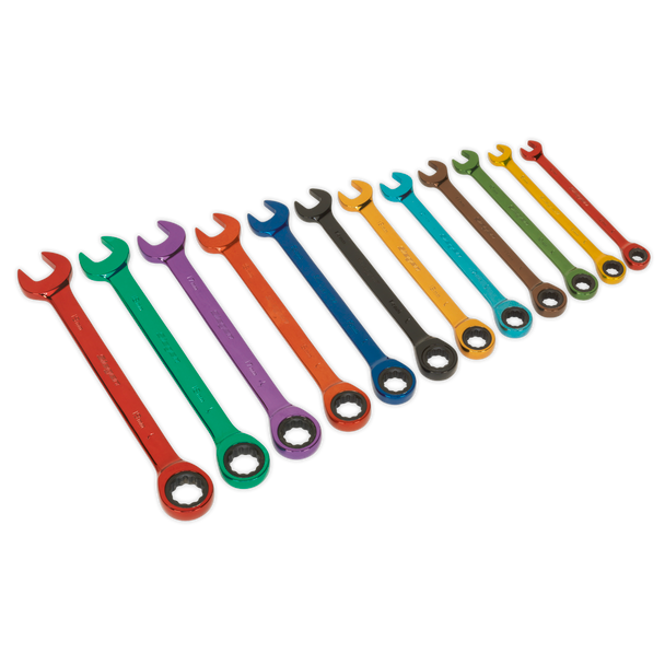 Sealey S01075 ⏐ Siegen Multi-Coloured Combination Ratchet Spanner Set 12pc