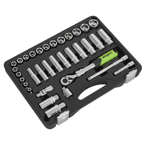 Sealey S01287 ⏐ Siegen Extendable Ratchet Socket Set 3/8"Sq Drive 34pc