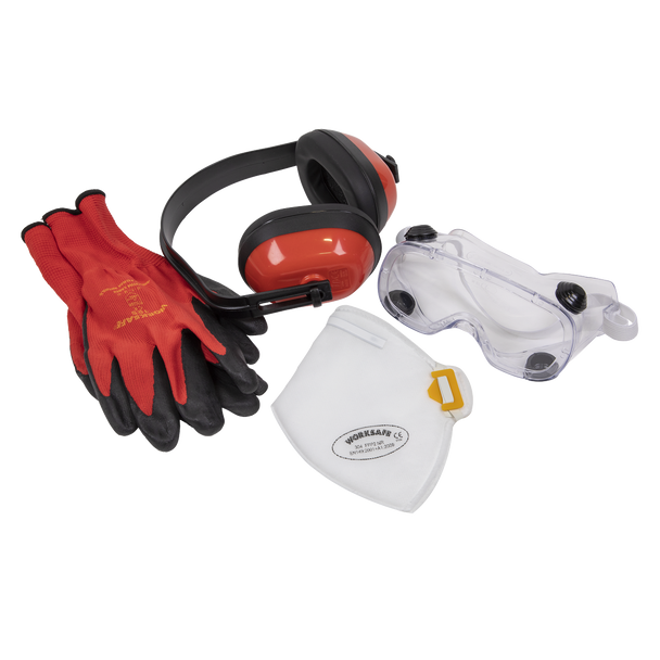 Sealey SEP4 ⏐ Worksafe® Flexi Grip Gloves, FFP2 Mask, Goggles & Ear Defenders