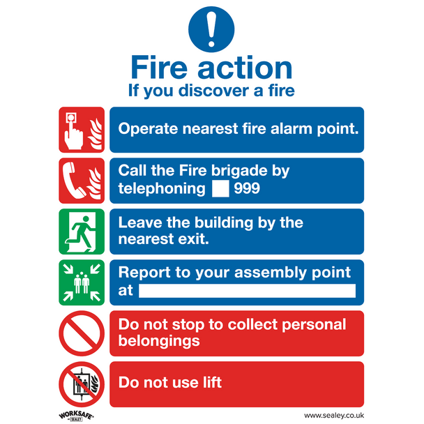 Sealey SS19P10 ⏐ Worksafe® Fire Action With Lift Safety Sign, Rigid Plastic - Pack of 10
