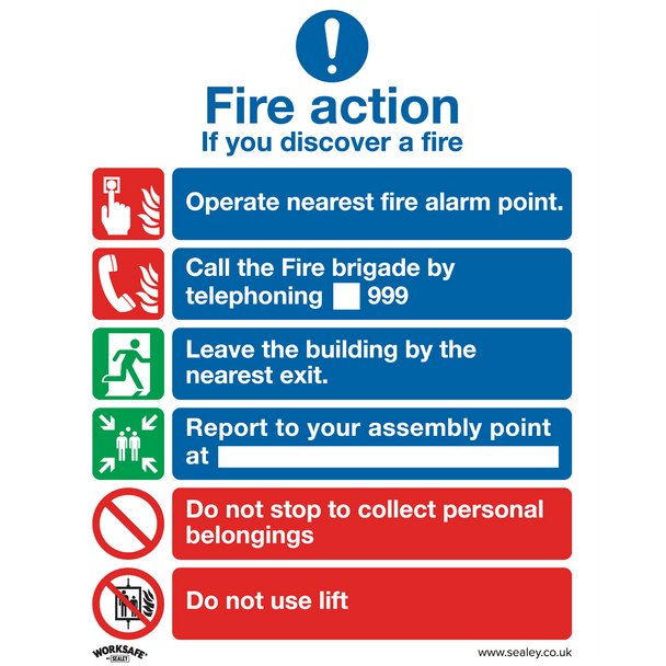 Sealey SS19V10 ⏐ Worksafe® Fire Action With Lift Safety Sign, Self-Adhesive Vinyl - Pack of 10
