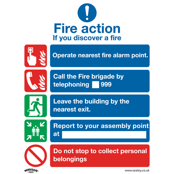 Sealey SS20V10 ⏐ Worksafe® Fire Action Without Lift Safety Sign, Self-Adhesive Vinyl - Pack of 10