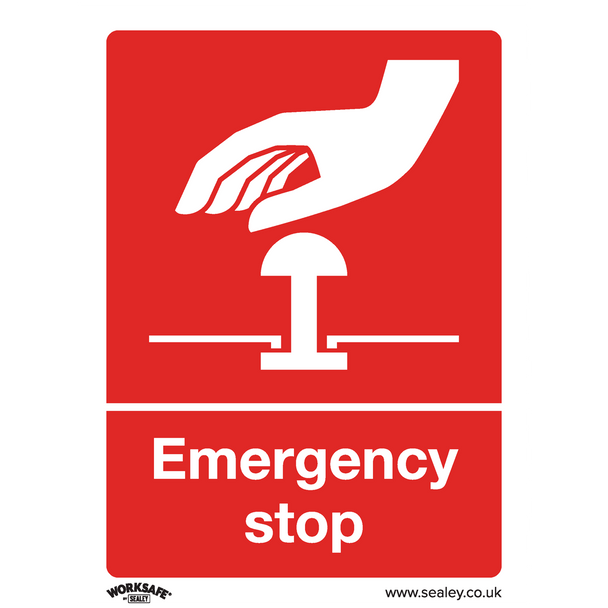 Sealey SS35V10 ⏐ Worksafe® Emergency Stop Safety Sign, Self-Adhesive Vinyl - Pack of 10